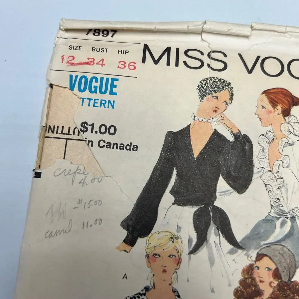 Miss‎ Vogue Vintage 1970's Pattern #7897 Misses Wrap Blouse Size 12